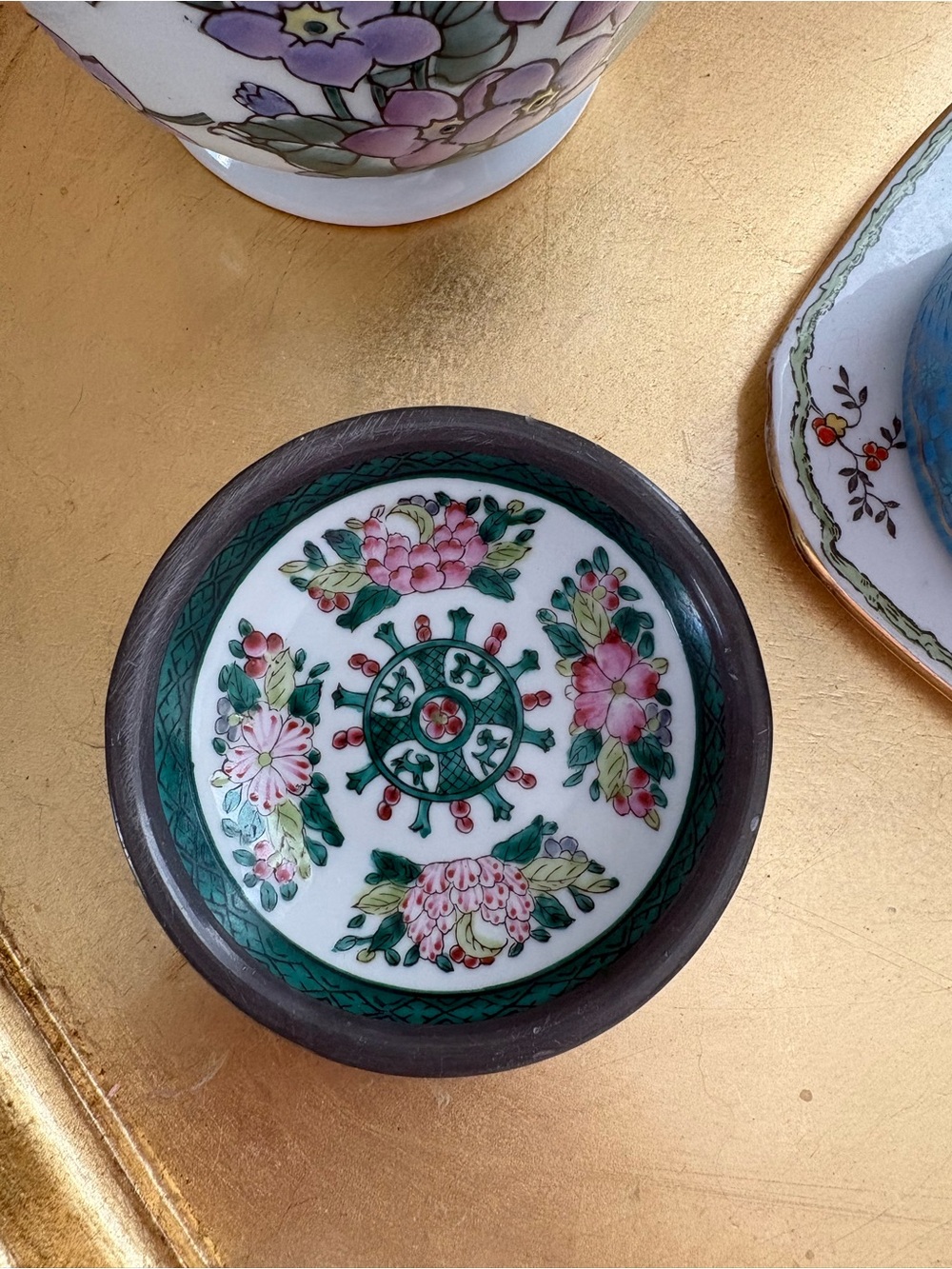 Hand-painted Pewter Rose Famille Ring Dish